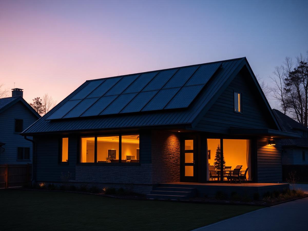 Maison contemporaine équipée de panneaux solaires noirs et d'une pompe à chaleur discrète