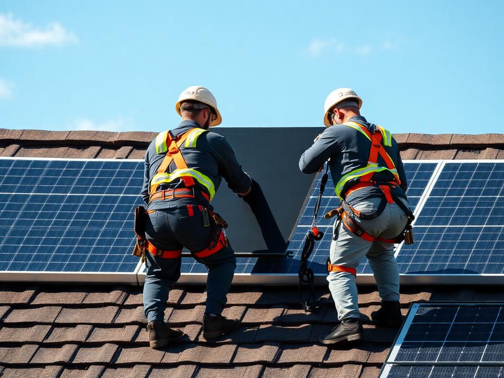 Techniciens sanglés installant des panneaux photovoltaïques noirs sur une toiture résidentielle